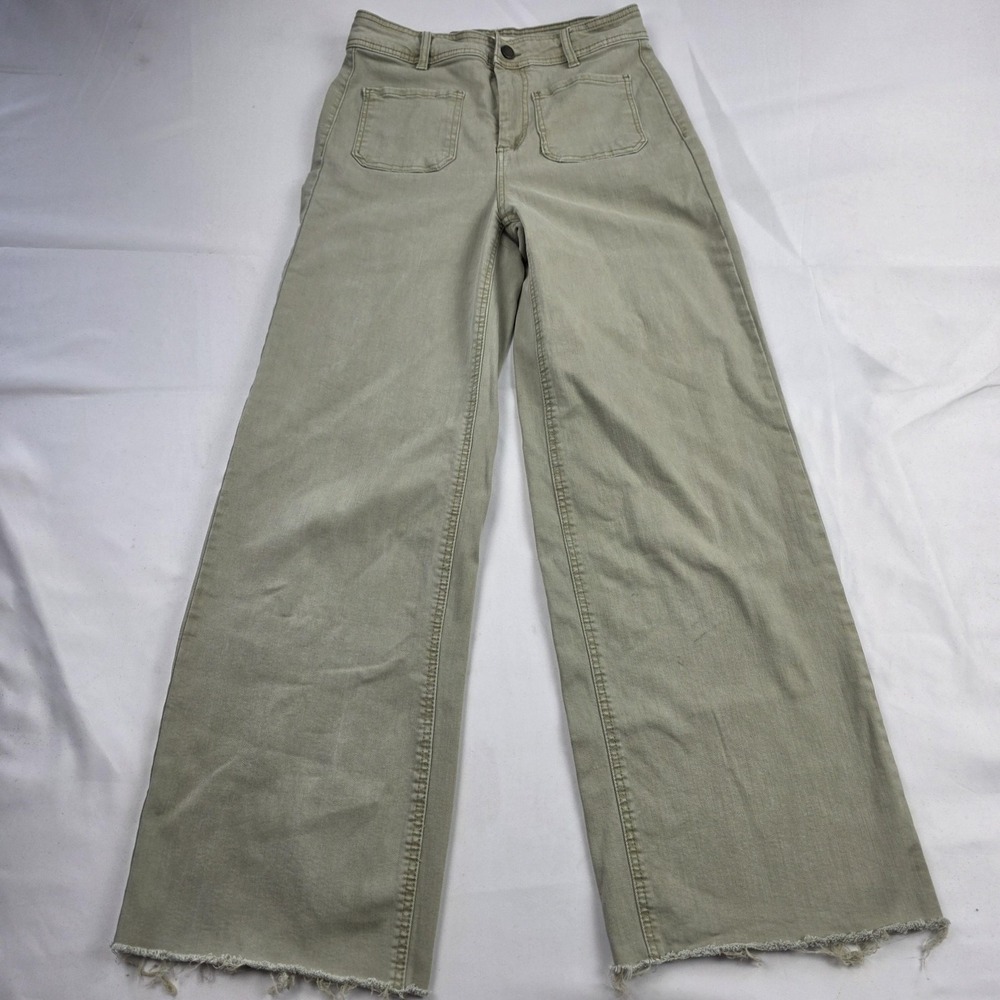 OAT Pants Womens 6 Beige Wide Leg Twill Raw Hem Stretch Casual Pockets